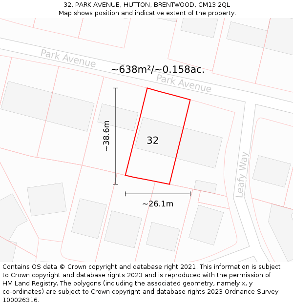 32, PARK AVENUE, HUTTON, BRENTWOOD, CM13 2QL: Plot and title map