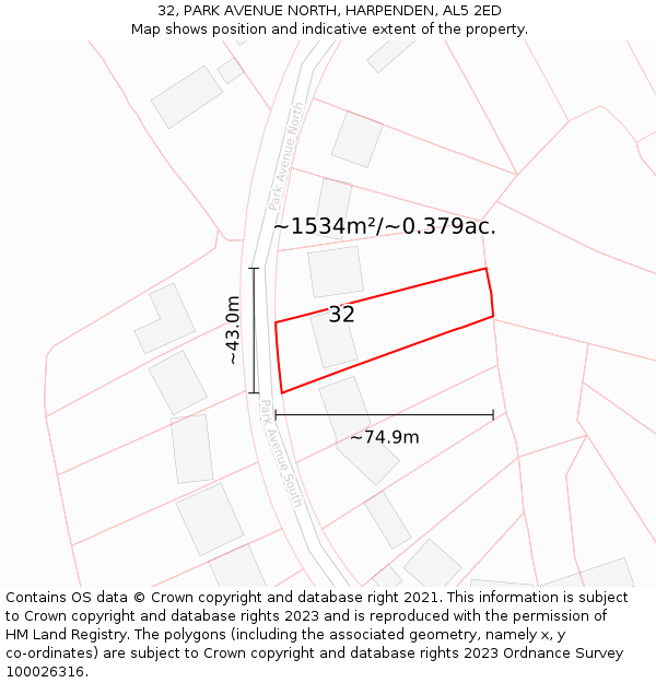 32, PARK AVENUE NORTH, HARPENDEN, AL5 2ED: Plot and title map