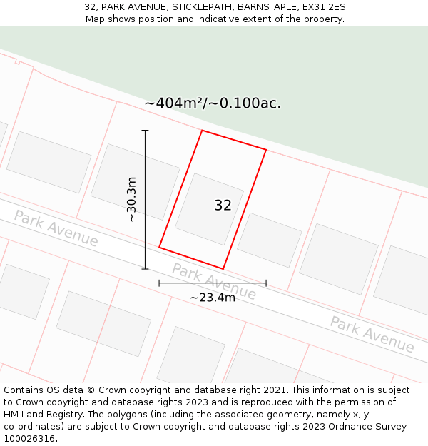 32, PARK AVENUE, STICKLEPATH, BARNSTAPLE, EX31 2ES: Plot and title map