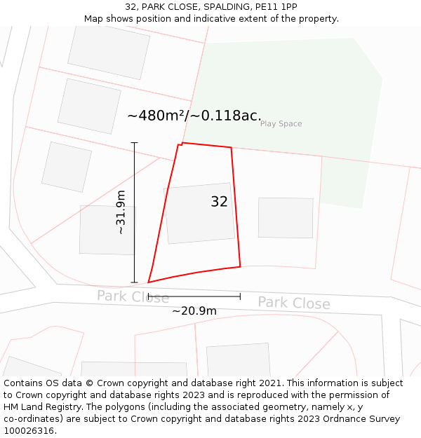 32, PARK CLOSE, SPALDING, PE11 1PP: Plot and title map