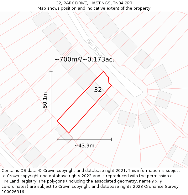 32, PARK DRIVE, HASTINGS, TN34 2PR: Plot and title map