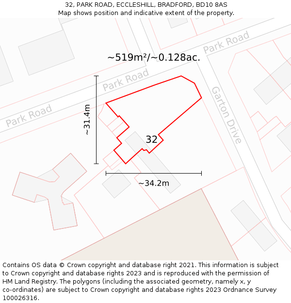 32, PARK ROAD, ECCLESHILL, BRADFORD, BD10 8AS: Plot and title map