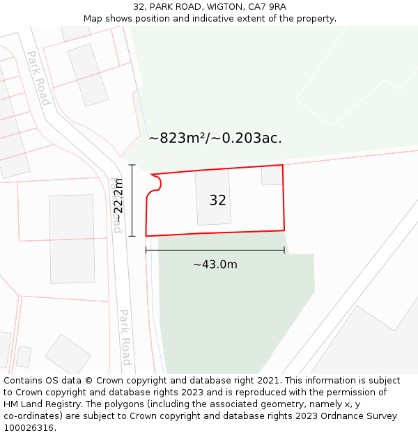 32, PARK ROAD, WIGTON, CA7 9RA: Plot and title map