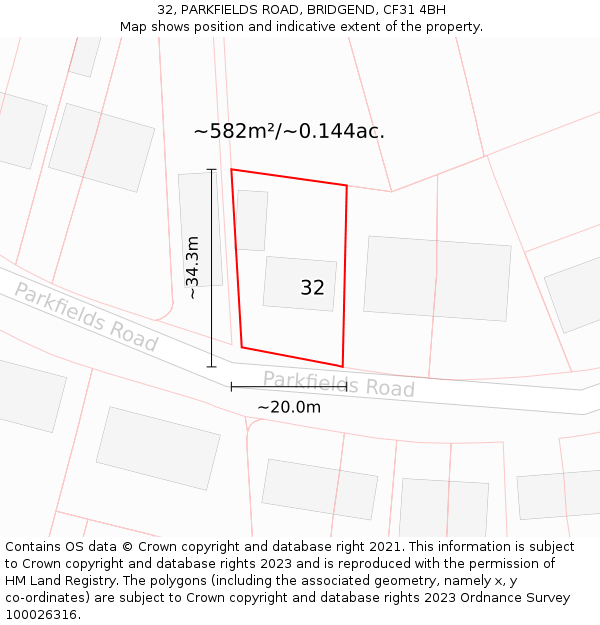 32, PARKFIELDS ROAD, BRIDGEND, CF31 4BH: Plot and title map