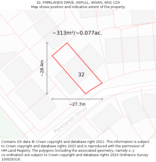 32, PARKLANDS DRIVE, ASPULL, WIGAN, WN2 1ZA: Plot and title map