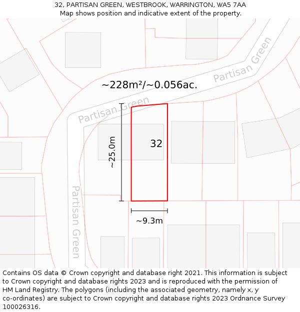 32, PARTISAN GREEN, WESTBROOK, WARRINGTON, WA5 7AA: Plot and title map