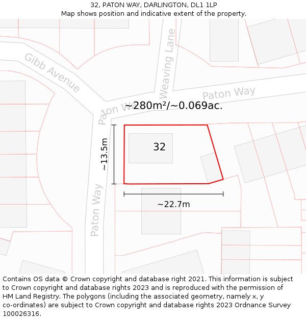 32, PATON WAY, DARLINGTON, DL1 1LP: Plot and title map