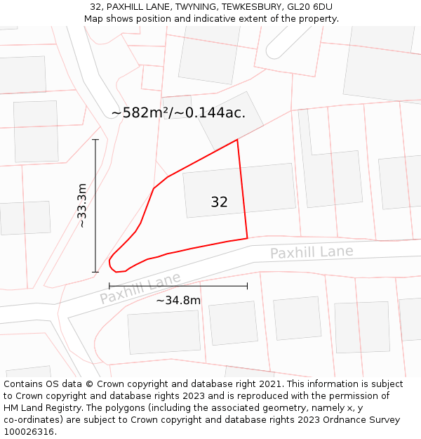 32, PAXHILL LANE, TWYNING, TEWKESBURY, GL20 6DU: Plot and title map