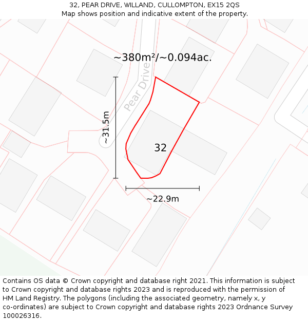 32, PEAR DRIVE, WILLAND, CULLOMPTON, EX15 2QS: Plot and title map