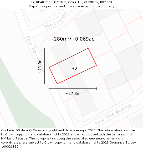 32, PEAR TREE AVENUE, COPPULL, CHORLEY, PR7 4NL: Plot and title map