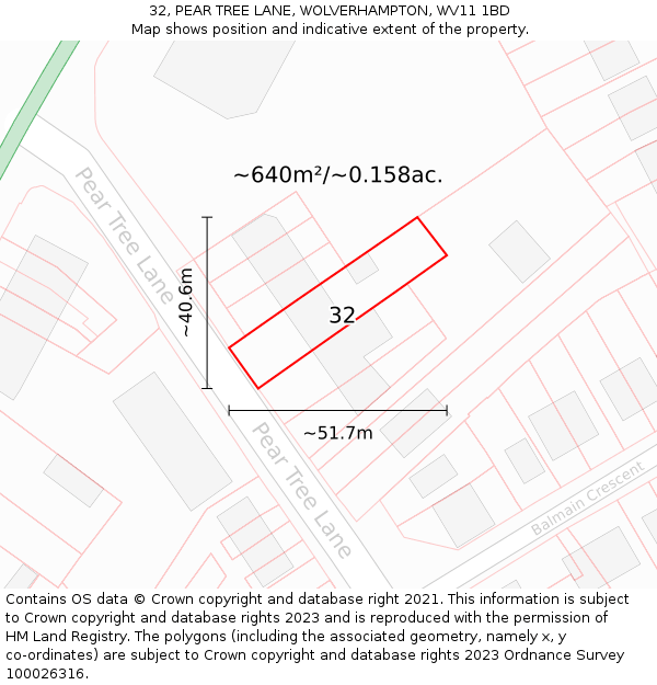 32, PEAR TREE LANE, WOLVERHAMPTON, WV11 1BD: Plot and title map