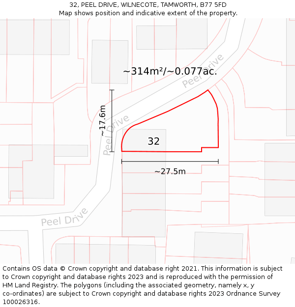 32, PEEL DRIVE, WILNECOTE, TAMWORTH, B77 5FD: Plot and title map