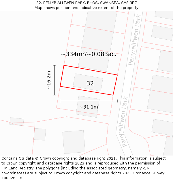 32, PEN YR ALLTWEN PARK, RHOS, SWANSEA, SA8 3EZ: Plot and title map