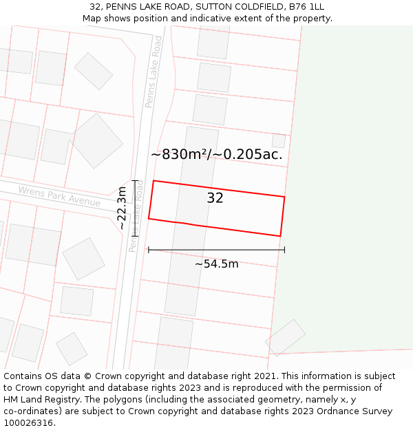 32, PENNS LAKE ROAD, SUTTON COLDFIELD, B76 1LL: Plot and title map