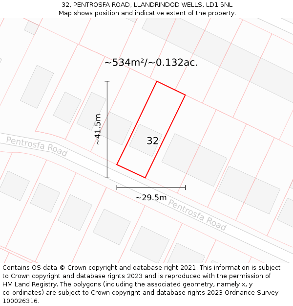 32, PENTROSFA ROAD, LLANDRINDOD WELLS, LD1 5NL: Plot and title map