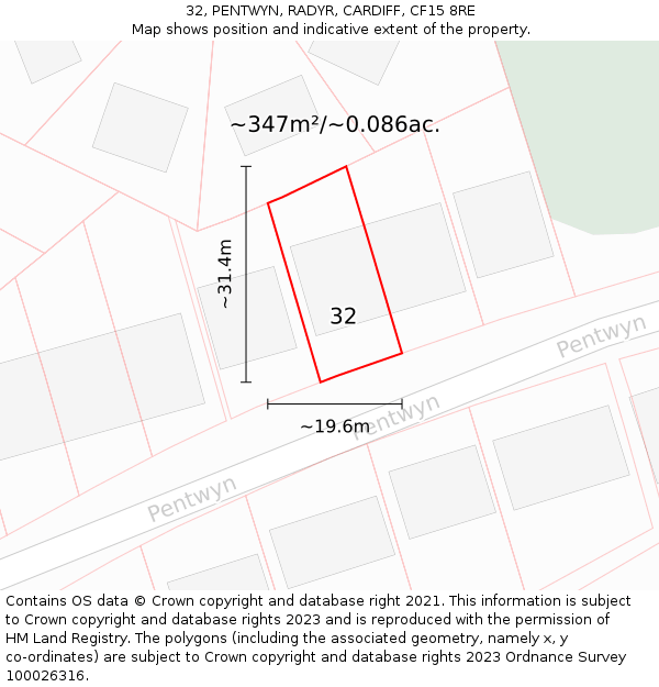 32, PENTWYN, RADYR, CARDIFF, CF15 8RE: Plot and title map