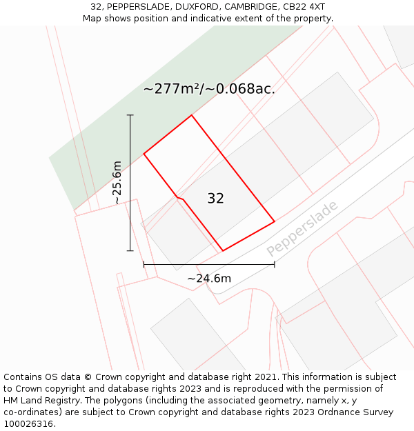 32, PEPPERSLADE, DUXFORD, CAMBRIDGE, CB22 4XT: Plot and title map
