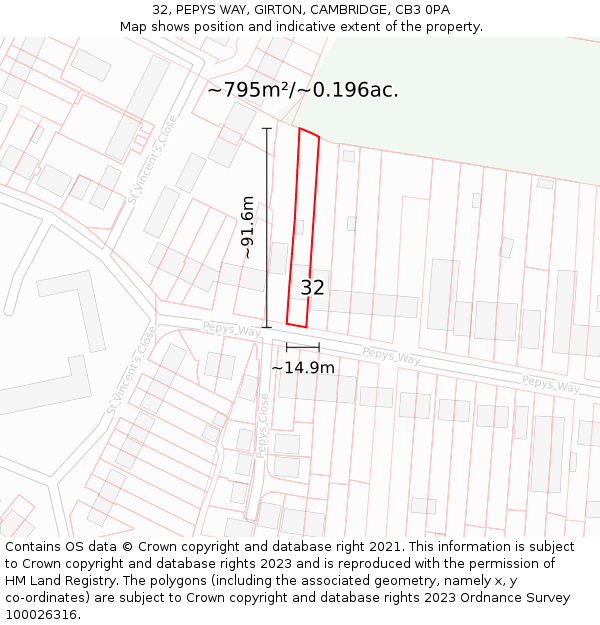 32, PEPYS WAY, GIRTON, CAMBRIDGE, CB3 0PA: Plot and title map