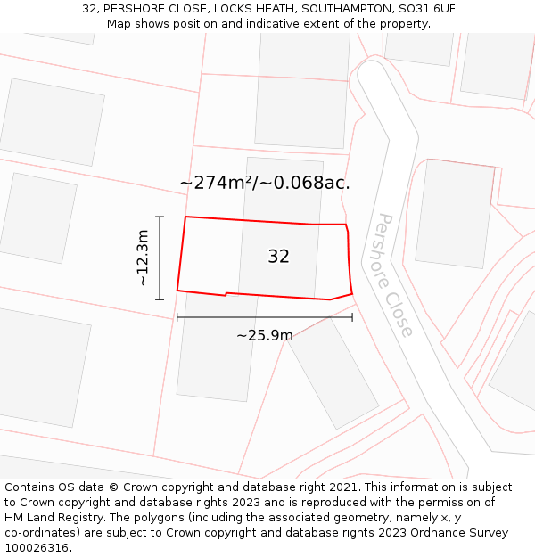 32, PERSHORE CLOSE, LOCKS HEATH, SOUTHAMPTON, SO31 6UF: Plot and title map