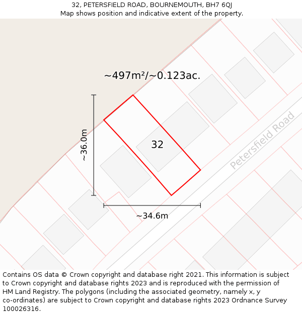 32, PETERSFIELD ROAD, BOURNEMOUTH, BH7 6QJ: Plot and title map