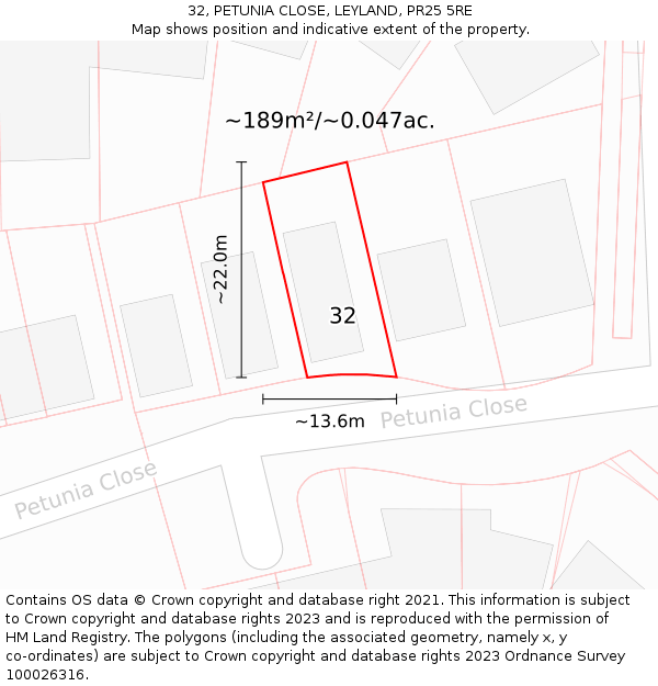 32, PETUNIA CLOSE, LEYLAND, PR25 5RE: Plot and title map