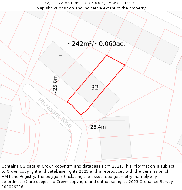 32, PHEASANT RISE, COPDOCK, IPSWICH, IP8 3LF: Plot and title map