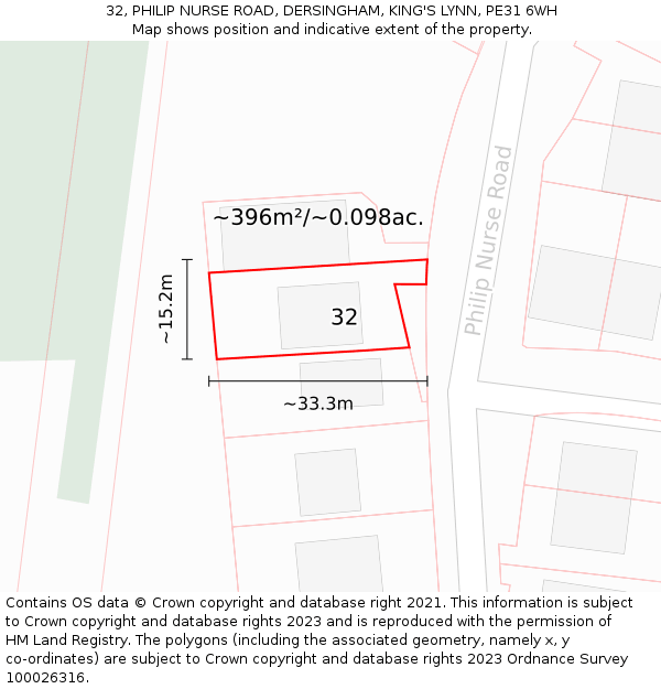 32, PHILIP NURSE ROAD, DERSINGHAM, KING'S LYNN, PE31 6WH: Plot and title map