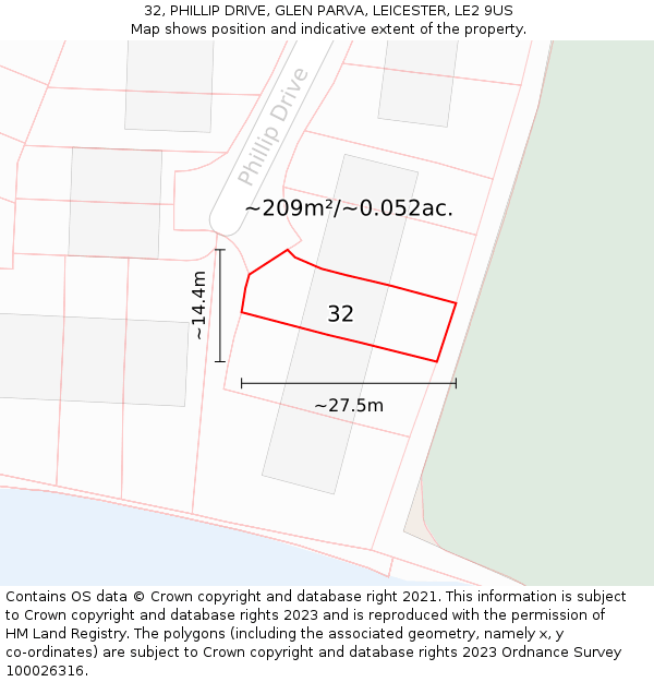 32, PHILLIP DRIVE, GLEN PARVA, LEICESTER, LE2 9US: Plot and title map