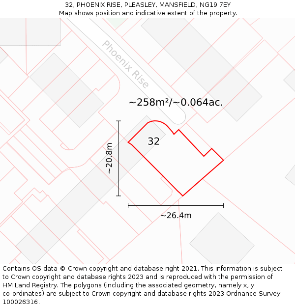 32, PHOENIX RISE, PLEASLEY, MANSFIELD, NG19 7EY: Plot and title map
