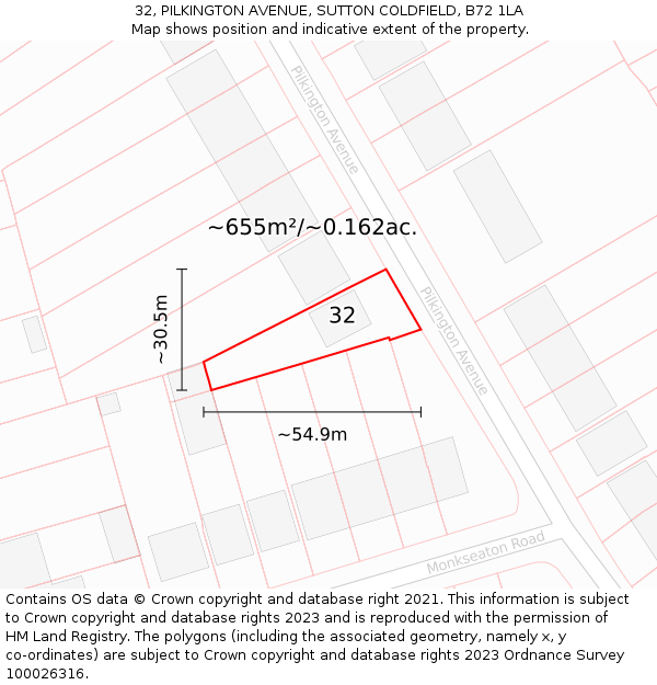 32, PILKINGTON AVENUE, SUTTON COLDFIELD, B72 1LA: Plot and title map