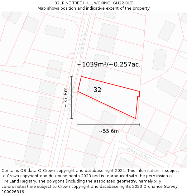 32, PINE TREE HILL, WOKING, GU22 8LZ: Plot and title map