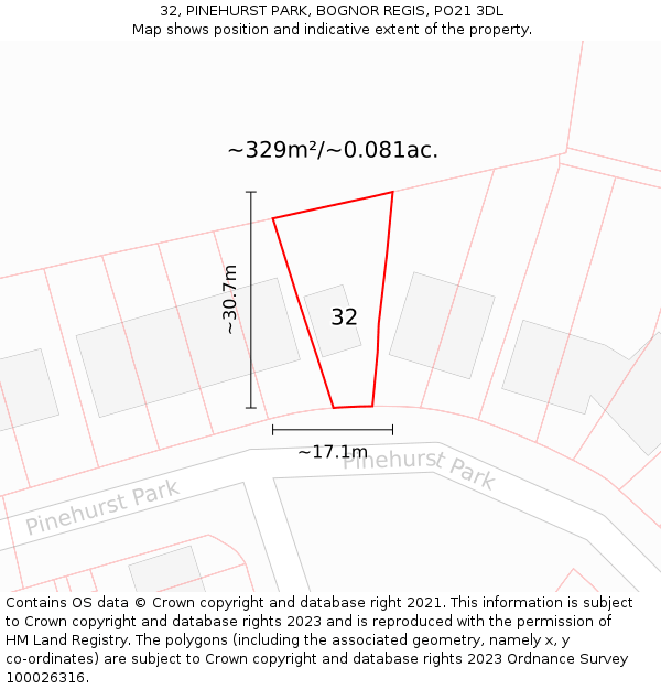 32, PINEHURST PARK, BOGNOR REGIS, PO21 3DL: Plot and title map