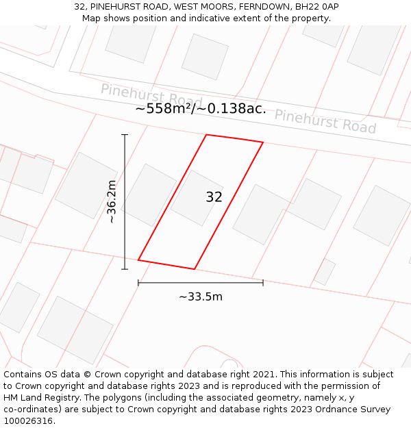 32, PINEHURST ROAD, WEST MOORS, FERNDOWN, BH22 0AP: Plot and title map