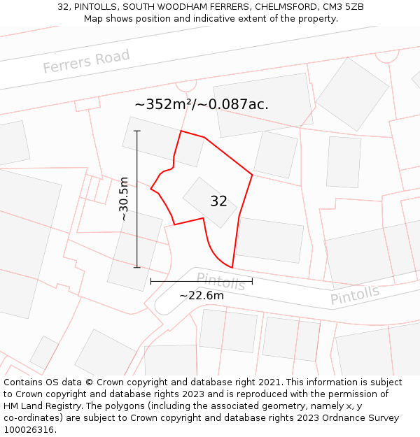 32, PINTOLLS, SOUTH WOODHAM FERRERS, CHELMSFORD, CM3 5ZB: Plot and title map