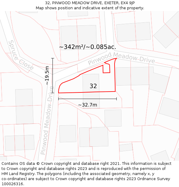 32, PINWOOD MEADOW DRIVE, EXETER, EX4 9JP: Plot and title map