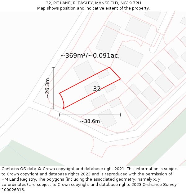 32, PIT LANE, PLEASLEY, MANSFIELD, NG19 7PH: Plot and title map