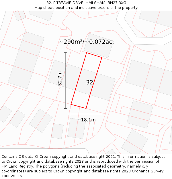 32, PITREAVIE DRIVE, HAILSHAM, BN27 3XG: Plot and title map