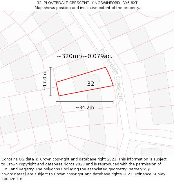 32, PLOVERDALE CRESCENT, KINGSWINFORD, DY6 8XT: Plot and title map