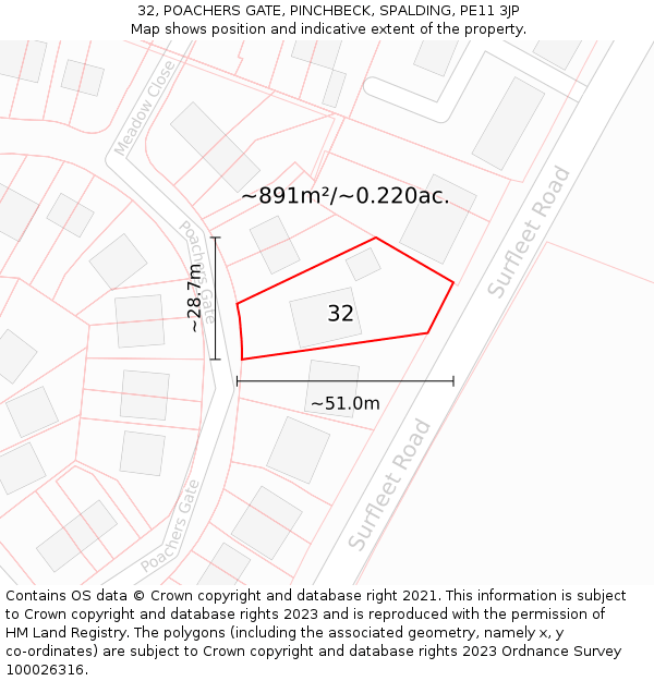 32, POACHERS GATE, PINCHBECK, SPALDING, PE11 3JP: Plot and title map