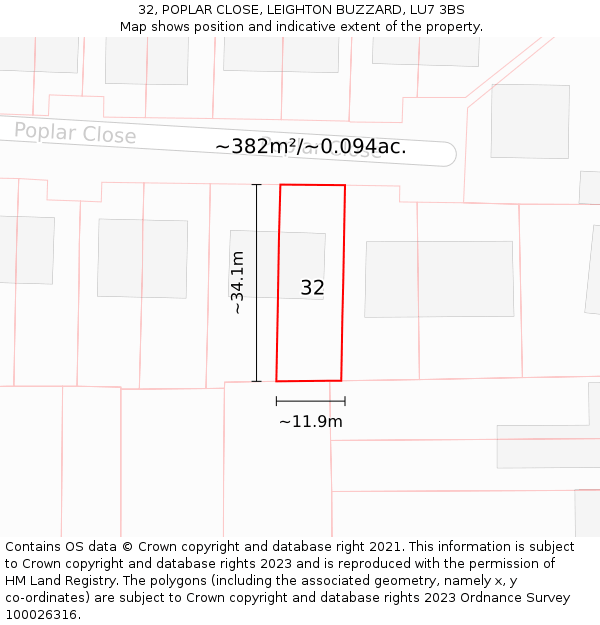 32, POPLAR CLOSE, LEIGHTON BUZZARD, LU7 3BS: Plot and title map