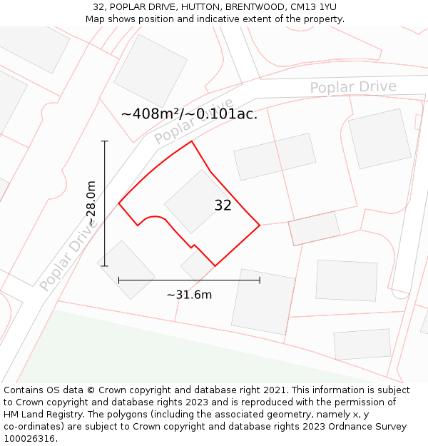 32, POPLAR DRIVE, HUTTON, BRENTWOOD, CM13 1YU: Plot and title map