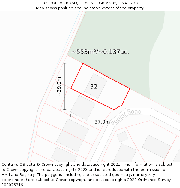 32, POPLAR ROAD, HEALING, GRIMSBY, DN41 7RD: Plot and title map