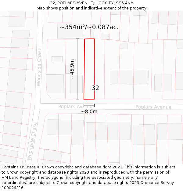 32, POPLARS AVENUE, HOCKLEY, SS5 4NA: Plot and title map