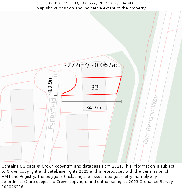 32, POPPYFIELD, COTTAM, PRESTON, PR4 0BF: Plot and title map