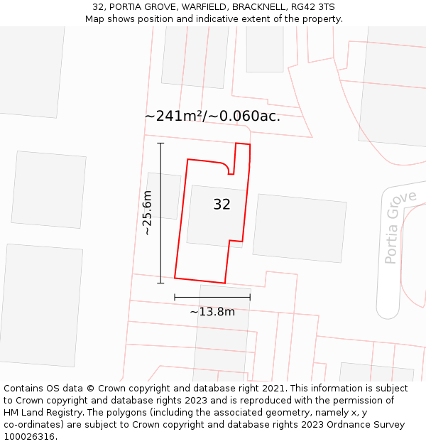 32, PORTIA GROVE, WARFIELD, BRACKNELL, RG42 3TS: Plot and title map