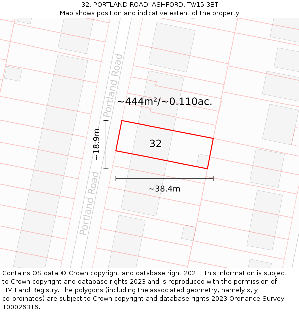 32, PORTLAND ROAD, ASHFORD, TW15 3BT: Plot and title map