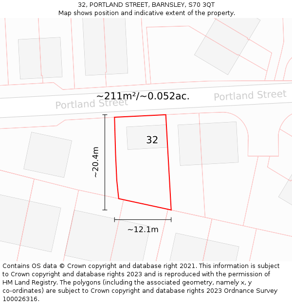 32, PORTLAND STREET, BARNSLEY, S70 3QT: Plot and title map