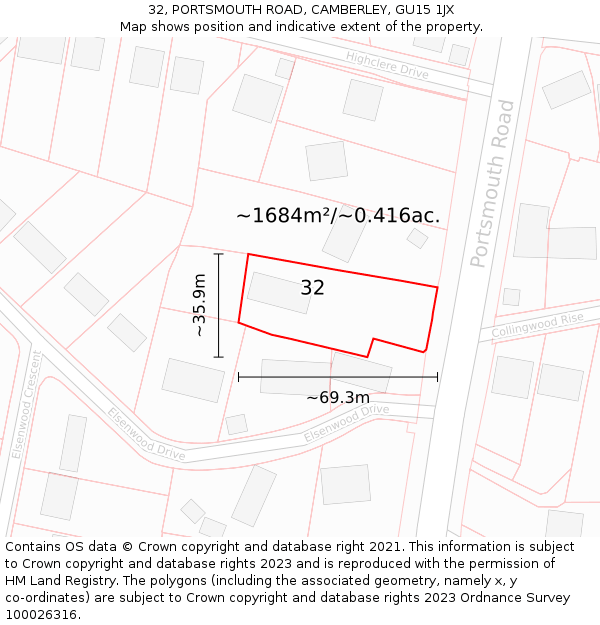 32, PORTSMOUTH ROAD, CAMBERLEY, GU15 1JX: Plot and title map