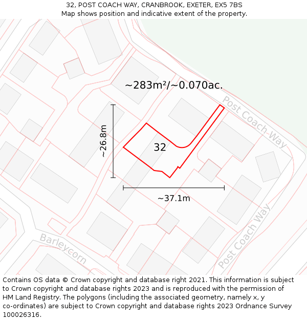 32, POST COACH WAY, CRANBROOK, EXETER, EX5 7BS: Plot and title map