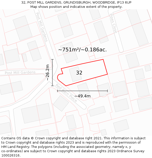 32, POST MILL GARDENS, GRUNDISBURGH, WOODBRIDGE, IP13 6UP: Plot and title map